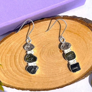Moldavite Earrings with Real Herkimer diamond and Black Tourmaline stone , 925 silver Handmade Hook earring , Authentic Moldavite Jewelry