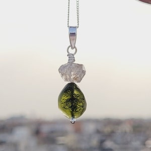 Moldavite Herkimer Pendant, Genuine Moldavite Pendant with Herkimer Diamond ,Natural raw moldavite pendant ,925 real silver crystal Pendants