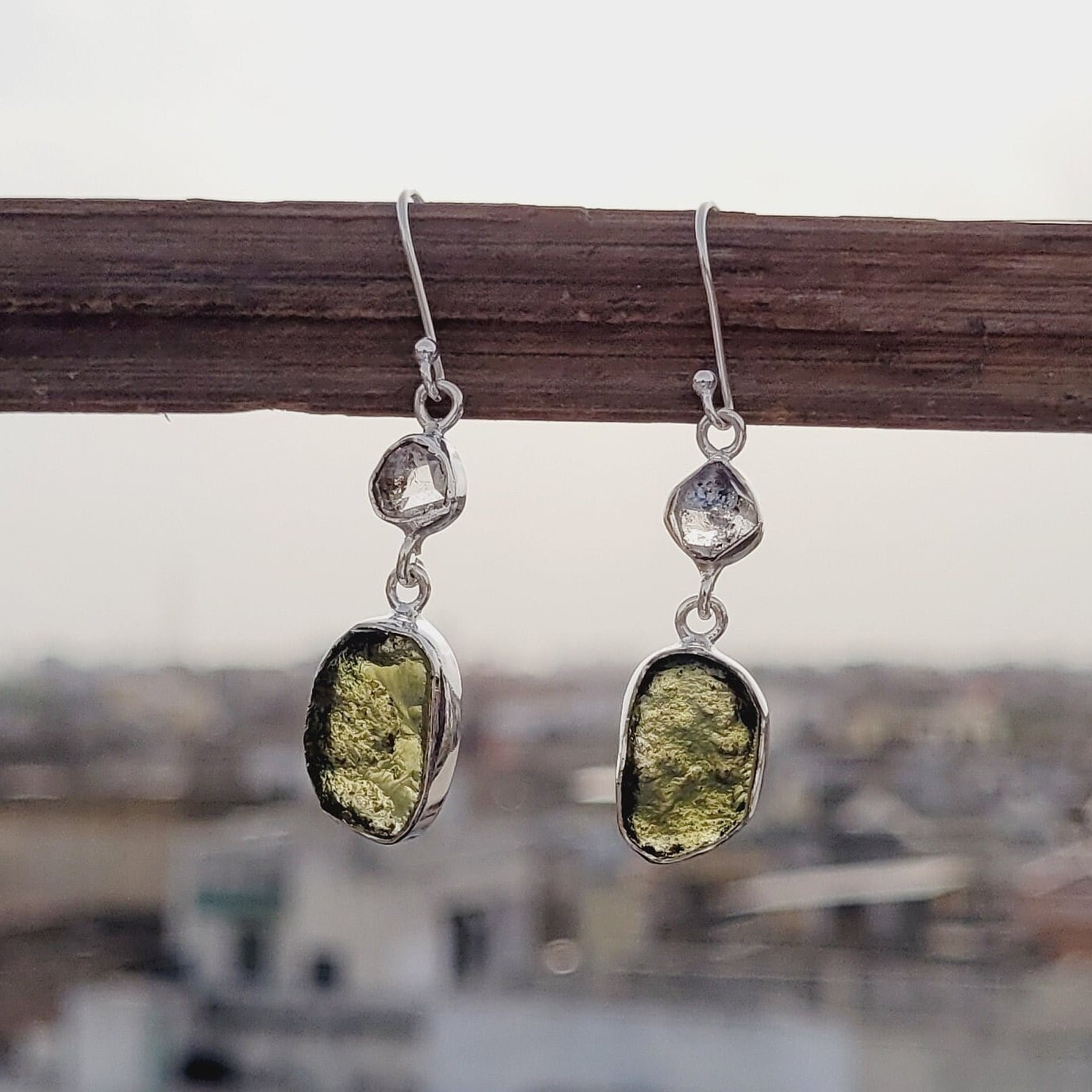 Certified Moldavite & Herkimer diamonds earrings, Natural Czech Moldavite Earrings, 925 silver earrings, Anniversary gift, Earrings for her