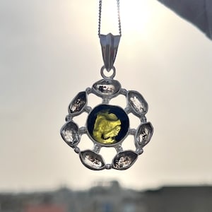 Certified Moldavite pendant, Natural Moldavite necklace, 925 silver handcrafted pendant, Genuine Moldavite stone necklaces, Diamond necklace