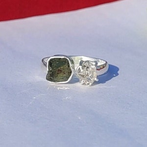 Moldavite & herkimer ring ,925 solid silver ring ,moldavite stone ring, Genuine Moldavite ring,real herkimer diamond ring,raw handmade rings