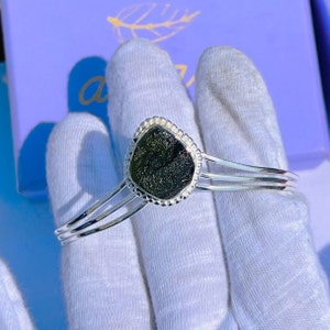 Czech Moldavite Bangle, 925 Pure Silver Bangle Handmade Designer Bangle for women & girls, Gifts for Birthday, Moldavite Rough Silver Bangle