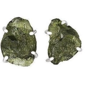 May include: A pair of earrings featuring raw, green, irregularly shaped stones set in silver.