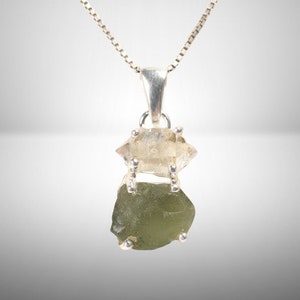 Raw MOLDAVITE Pendant - Sterling Silver, Plain Prong - Real Moldavite Pendant, Moldavite Jewelry with Certification Herkimer Diamond Pendant