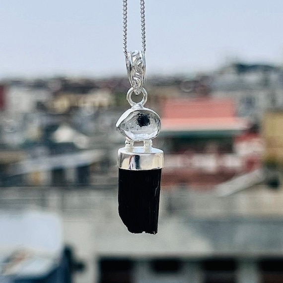 Herkimer pendant, Black tourmaline pendant ,925 silver stone pendant, Herkimer diamond pendant, Pendants for protection, Natural Tourmaline