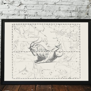 Capricornus Sternzeichen Sternbild Ziege am Himmel, Schöne Vintage Sternenkarte für Nachthimmelliebhaber, 1690