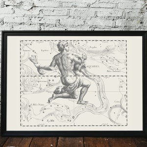 Constellation d'étoiles du signe du zodiaque Verseau, belle carte des étoiles vintage pour les amateurs de ciel nocturne, 1690