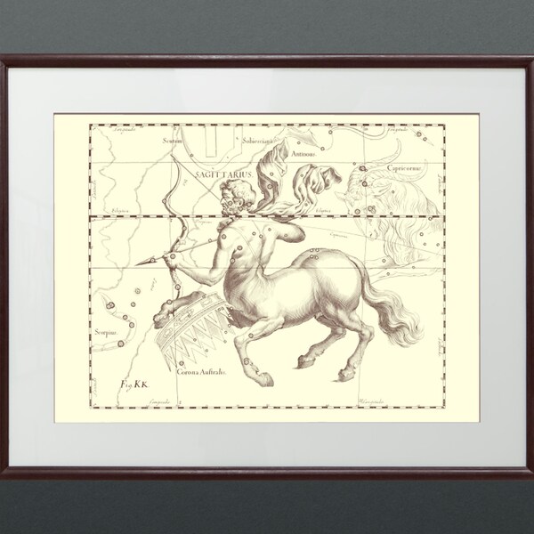 Sagittarius Zodiac sign star constellation, Archer on the sky, Beautiful vintage star map for night sky lovers, 1690