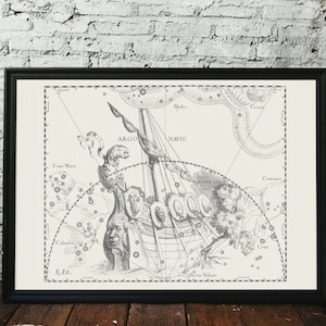 Constellation d'étoiles Argo Navis, navire dans le ciel, belle carte des étoiles vintage pour les amateurs de ciel nocturne, 1690