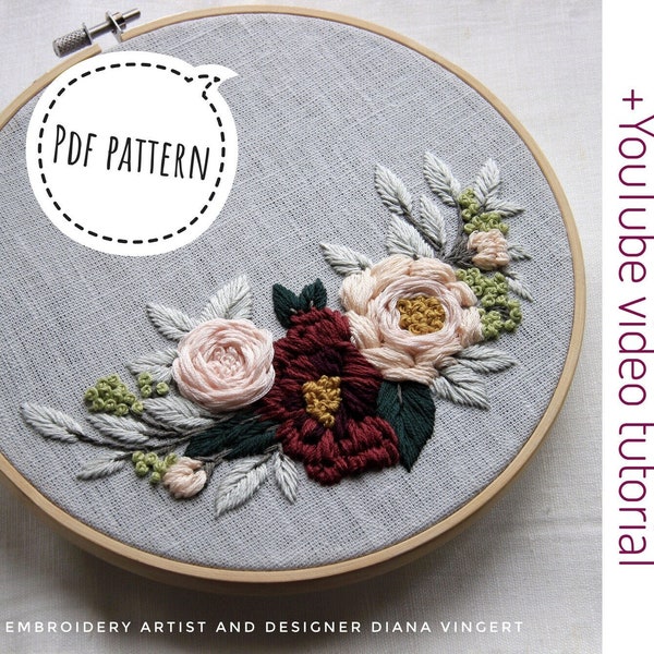 Pdf pattern + video tutorial "Garden roses and burgundy dahlia" 20 cm (8 inch) hand embroidery flower design for beginners. Digital download