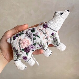 Pdf pattern video tutorial Mama Bear Cute linen animal toy with floral hand embroidery, for kids, home decor. Digital download image 2