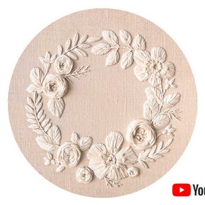 Pdf pattern + video tutorial &quot;Cream Flower Wreath&quot; 20 cm (8 inch) hand embroidery floral design, total white. Digital download