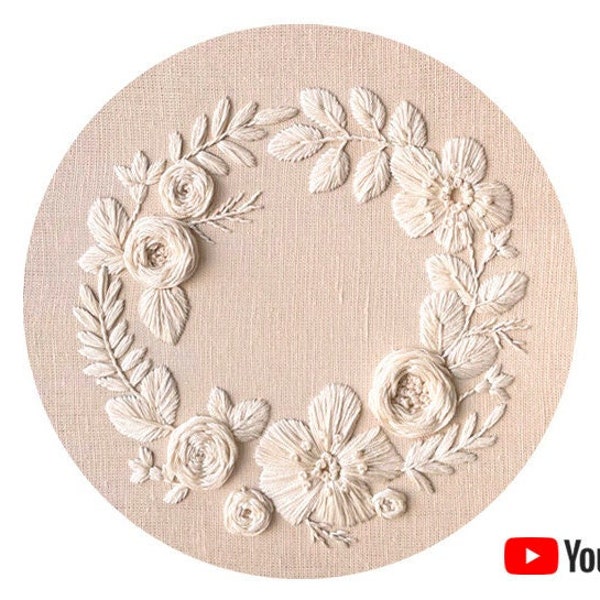 Pdf pattern + video tutorial "Cream Flower Wreath" 20 cm (8 inch) hand embroidery floral design, total white. Digital download