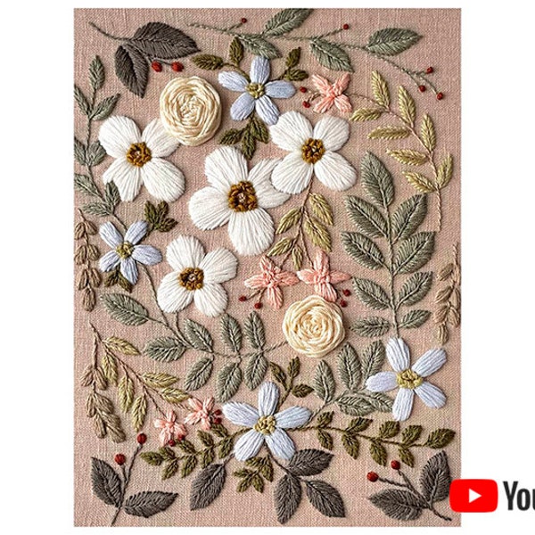 Pdf pattern + video tutorial "Primrose sand" 15x20cm or 18x24 cm. Hand embroidery floral design for wall hanging. Digital download