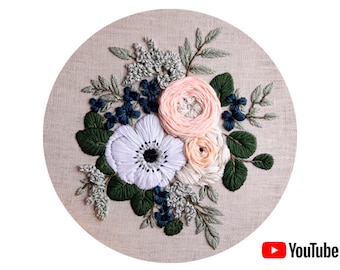 Pdf pattern + video tutorial "Anemone and Ranunculus" 20/26 cm (8/10 inch) hand embroidery flower design. Digital download, for beginners