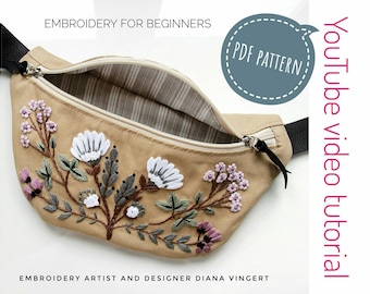 PDF pattern + video tutorial for waist bag &quot;Wild flowers&quot;. Handmade sewing diy for bag with floral embroidery. Digital download, guide