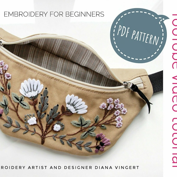 PDF pattern + video tutorial for waist bag "Wild flowers". Handmade sewing diy for bag with floral embroidery. Digital download, guide