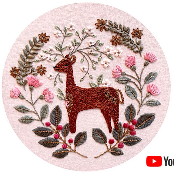 Pdf pattern + video tutorial "Little Abbie" 25, 26 cm (10 inch) hand embroidery animal design, cute deer, flowers. Digital download