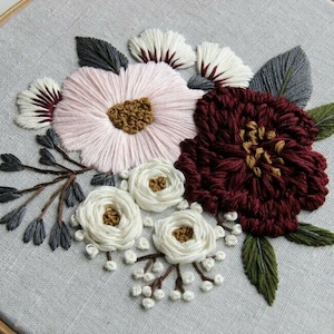 Pdf pattern video tutorial Pink and Burgundy Peonies 17,5/20 cm 7, 8 inch hand embroidery flower design. Digital download image 5
