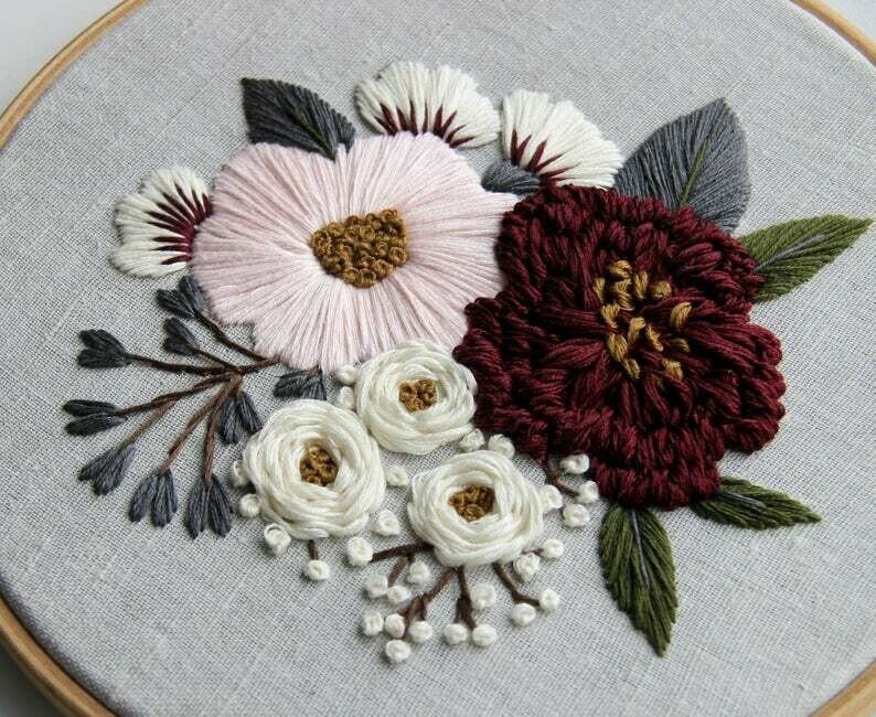 Pdf pattern video tutorial Pink and Burgundy Peonies 17,5/20 cm 7, 8 inch hand embroidery flower design. Digital download image 5