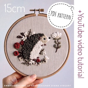 Pdf pattern video tutorial Hedgehog 15 cm 6 inch hand embroidery cute animal design, floral elements. Digital download, for beginners image 8