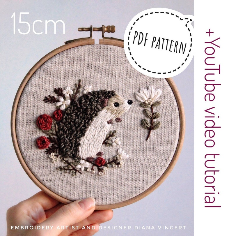 Pdf pattern video tutorial Hedgehog 15 cm 6 inch hand embroidery cute animal design, floral elements. Digital download, for beginners image 8