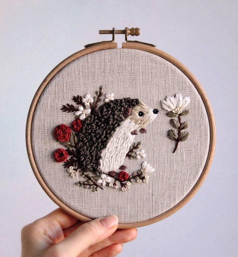 Pdf pattern video tutorial Hedgehog 15 cm 6 inch hand embroidery cute animal design, floral elements. Digital download, for beginners image 4