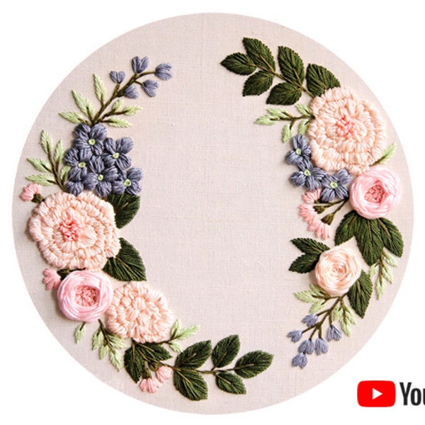 Pdf pattern + video tutorial "Peach Blossom and Blue Hydrangea" 26 cm (10 inch) hand embroidery flower wreath design. Digital download