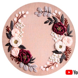 Pdf pattern + video tutorial "Spring Honey Floral Wreath" 26 cm (10 inch) hand embroidery flower design, for beginners. Digital download