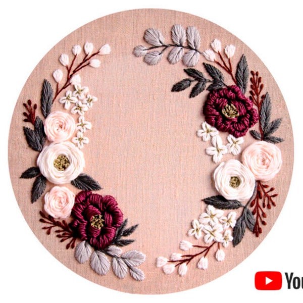 Pdf pattern + video tutorial "Spring Honey Floral Wreath" 26 cm (10 inch) hand embroidery flower design, for beginners. Digital download