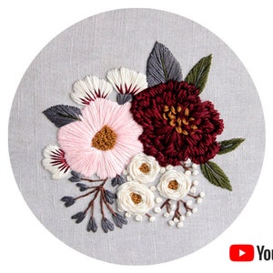 Pdf pattern + video tutorial &quot;Pink and Burgundy Peonies&quot; 17,5/20 cm (7, 8 inch) hand embroidery flower design. Digital download