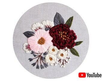 Pdf pattern + video tutorial "Pink and Burgundy Peonies" 17,5/20 cm (7, 8 inch) hand embroidery flower design. Digital download
