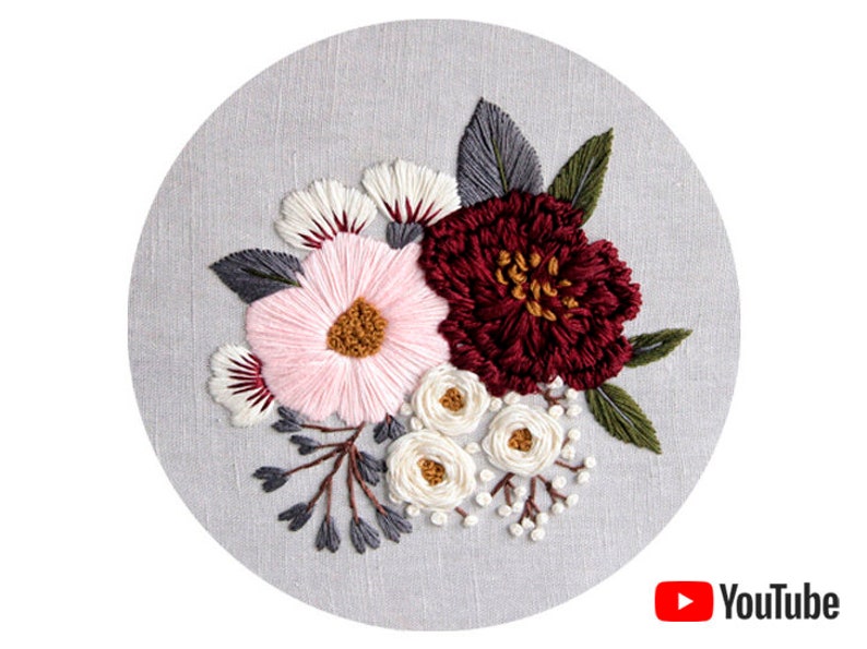 Pdf pattern video tutorial Pink and Burgundy Peonies 17,5/20 cm 7, 8 inch hand embroidery flower design. Digital download image 1