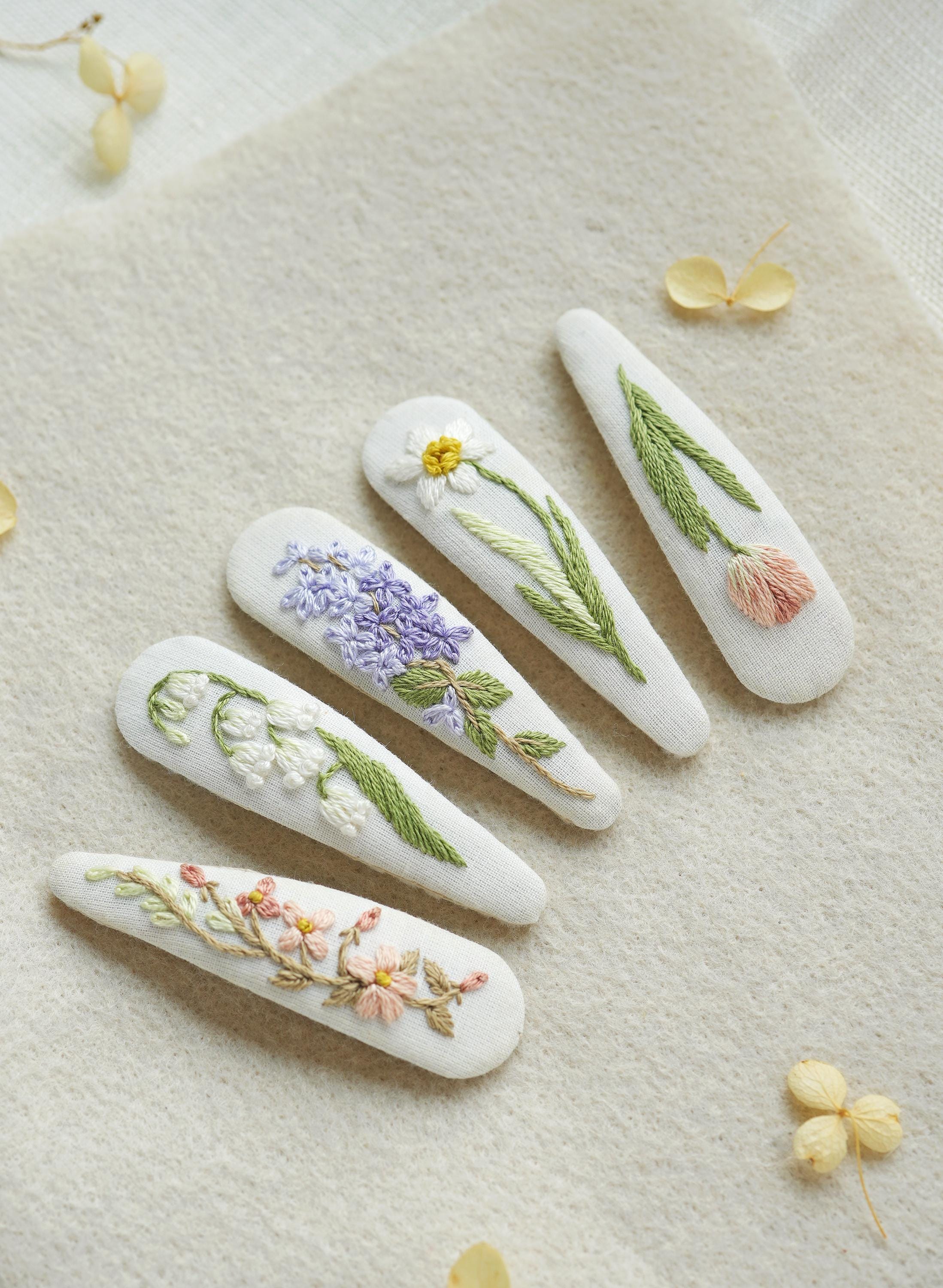 DIY - hair clips with embroidery - video tutorial + pdf patterns. 5 designs. Beginners friendly