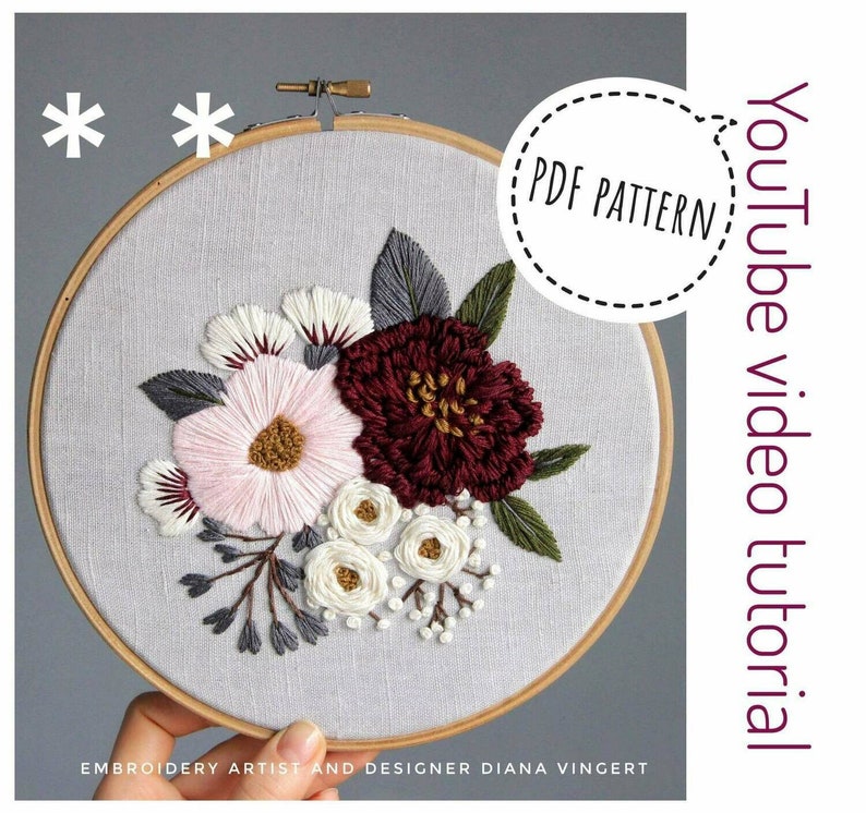 Pdf pattern video tutorial Pink and Burgundy Peonies 17,5/20 cm 7, 8 inch hand embroidery flower design. Digital download image 3