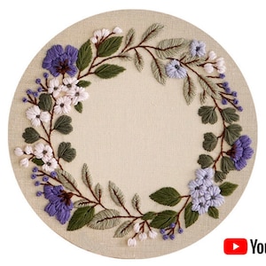 Pdf pattern + video tutorial &quot;Lilac Wreath&quot; 20 cm (8 inch) hand embroidery floral design, lilac & white flowers. Digital download