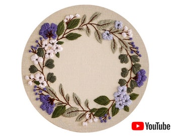 Pdf pattern + video tutorial "Lilac Wreath" 20 cm (8 inch) hand embroidery floral design, lilac & white flowers. Digital download
