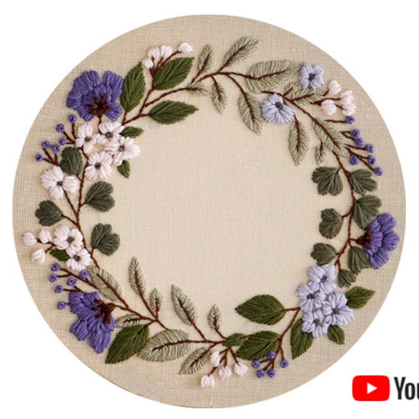 Pdf pattern + video tutorial "Lilac Wreath" 20 cm (8 inch) hand embroidery floral design, lilac & white flowers. Digital download