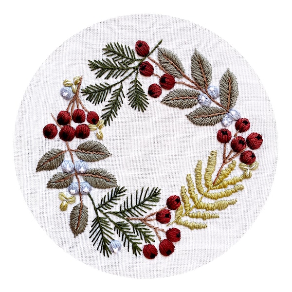 Pdf pattern "Rowan & Blueberry Wreath" 15 cm (6 inch) hand embroidery floral design, for beginners. Digital download, printable template
