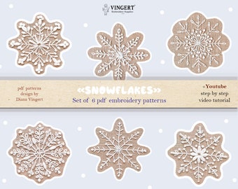 Christmas PDF patterns "Snowflakes" set of 6 elements for hand embroidery + video tutorials. Printable templates