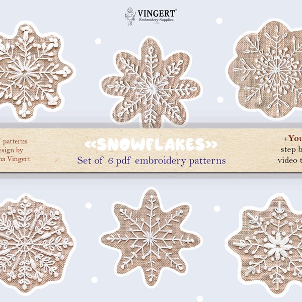 Christmas PDF patterns "Snowflakes" set of 6 elements for hand embroidery + video tutorials. Printable templates