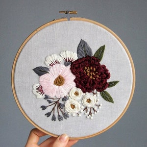 Pdf pattern video tutorial Pink and Burgundy Peonies 17,5/20 cm 7, 8 inch hand embroidery flower design. Digital download image 7