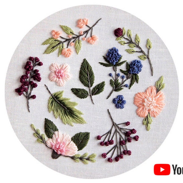 Pdf pattern + video tutorial "Sweet Berries" 20 cm (8 inch) hand embroidery floral design, for beginners. Digital download