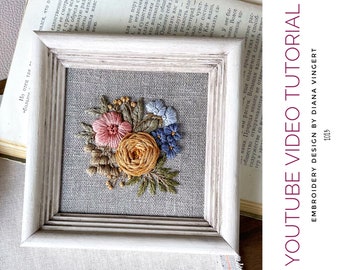 Pdf pattern + video tutorial "Summer memories" 10x10 cm. Hand embroidery flower design for wall hanging. Digital download