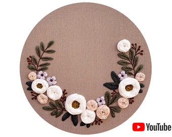Pdf pattern + video tutorial "Snow White's Garden" 25, 26 cm (10 inch) hand embroidery floral wreath, for beginners. Digital download