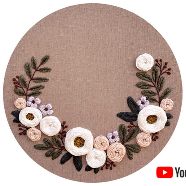 Pdf pattern + video tutorial "Snow White's Garden" 25, 26 cm (10 inch) hand embroidery floral wreath, for beginners. Digital download