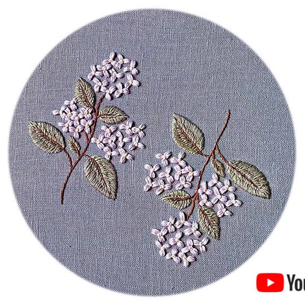 Pdf pattern + video tutorial "Blue hydrangea" 15/20/26 cm (6"/8"/10") flower embroidery for beginners. Digital download, printable pattern