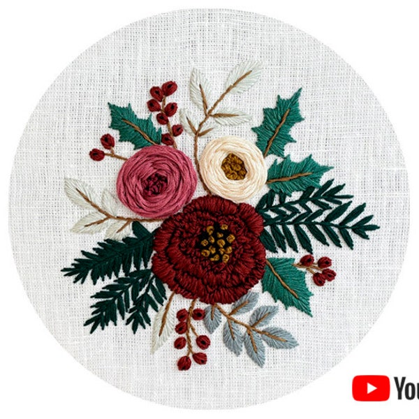 Pdf pattern + video tutorial "Cranberries & Pine" 20 cm (8 inch) hand embroidery floral winter design, green and red. Digital download