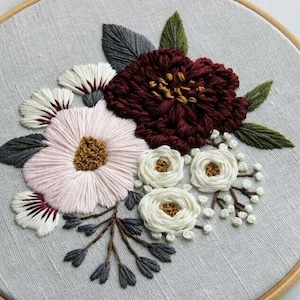 Pdf pattern video tutorial Pink and Burgundy Peonies 17,5/20 cm 7, 8 inch hand embroidery flower design. Digital download image 4