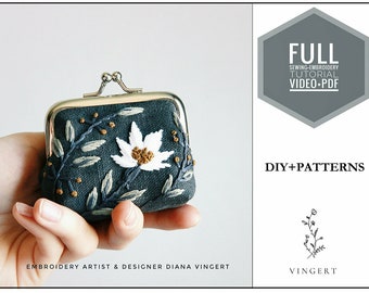 PDF pattern + video tutorial &quot;Gray pouch&quot;. Handmade sewing diy guide for pouch with floral embroidery. Digital download